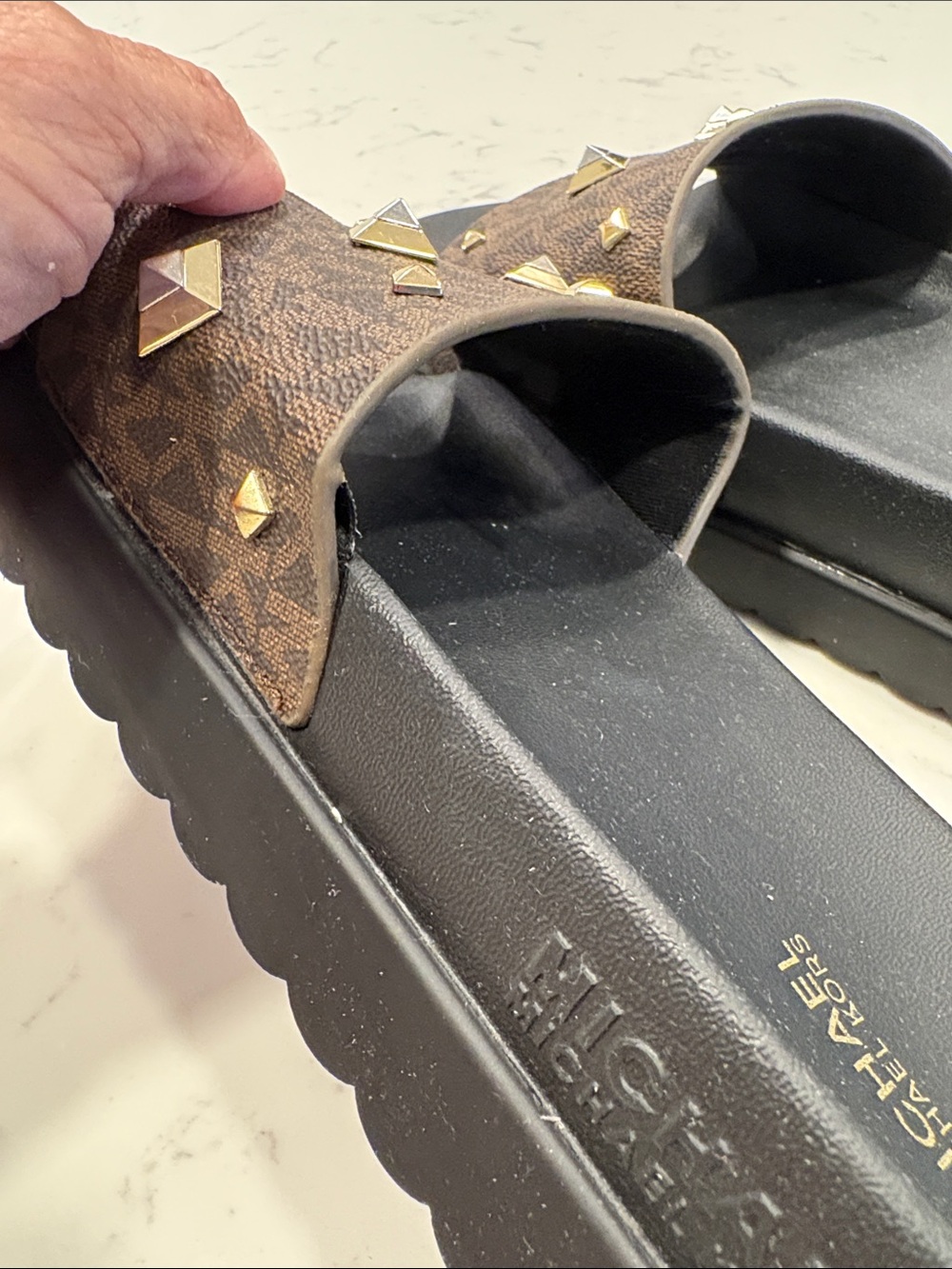 Michael Kors Brown and Black Logo Stud Slide Sandals - Picture 5 of 10